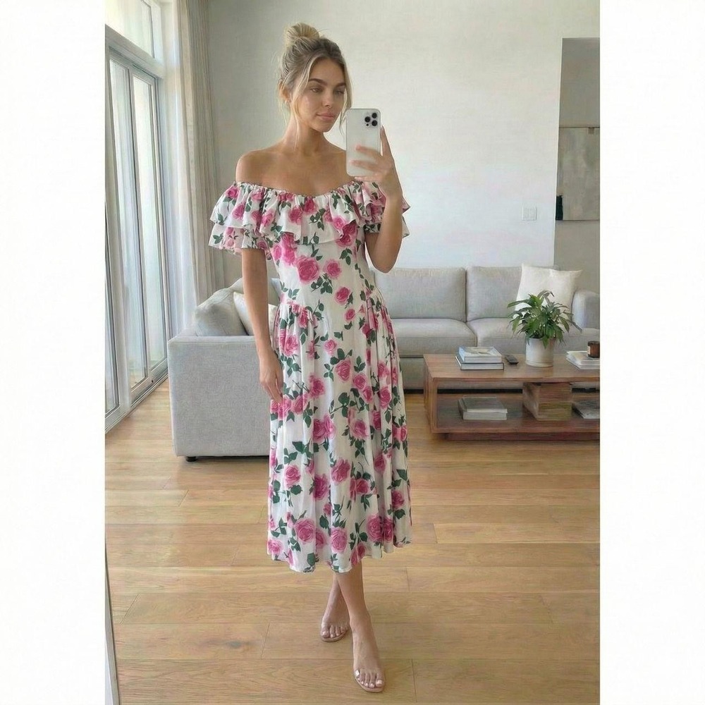 Vintage Floral Dress 80s 90s Tea Off The Shoulder Garden Romantic‎ Cottagecore